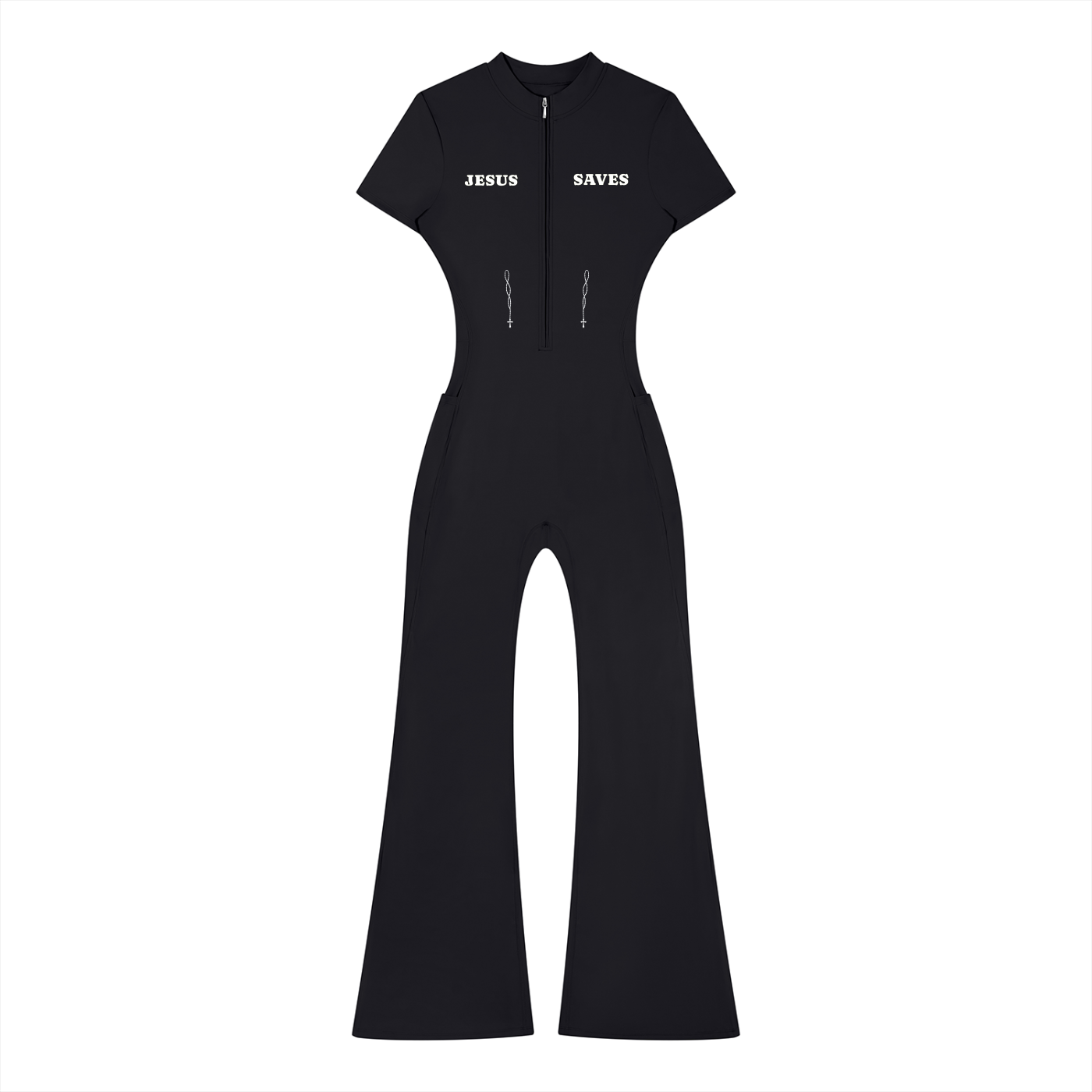 Women’s Jesus Saves Tight Flared Leg Quarter-Zip Jumpsuit