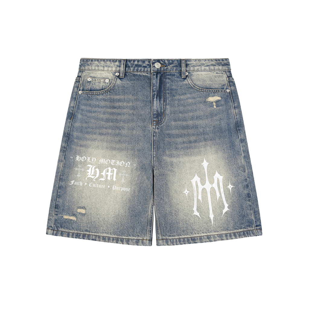 Holy Motion Faded Distressed Baggy Denim Shorts