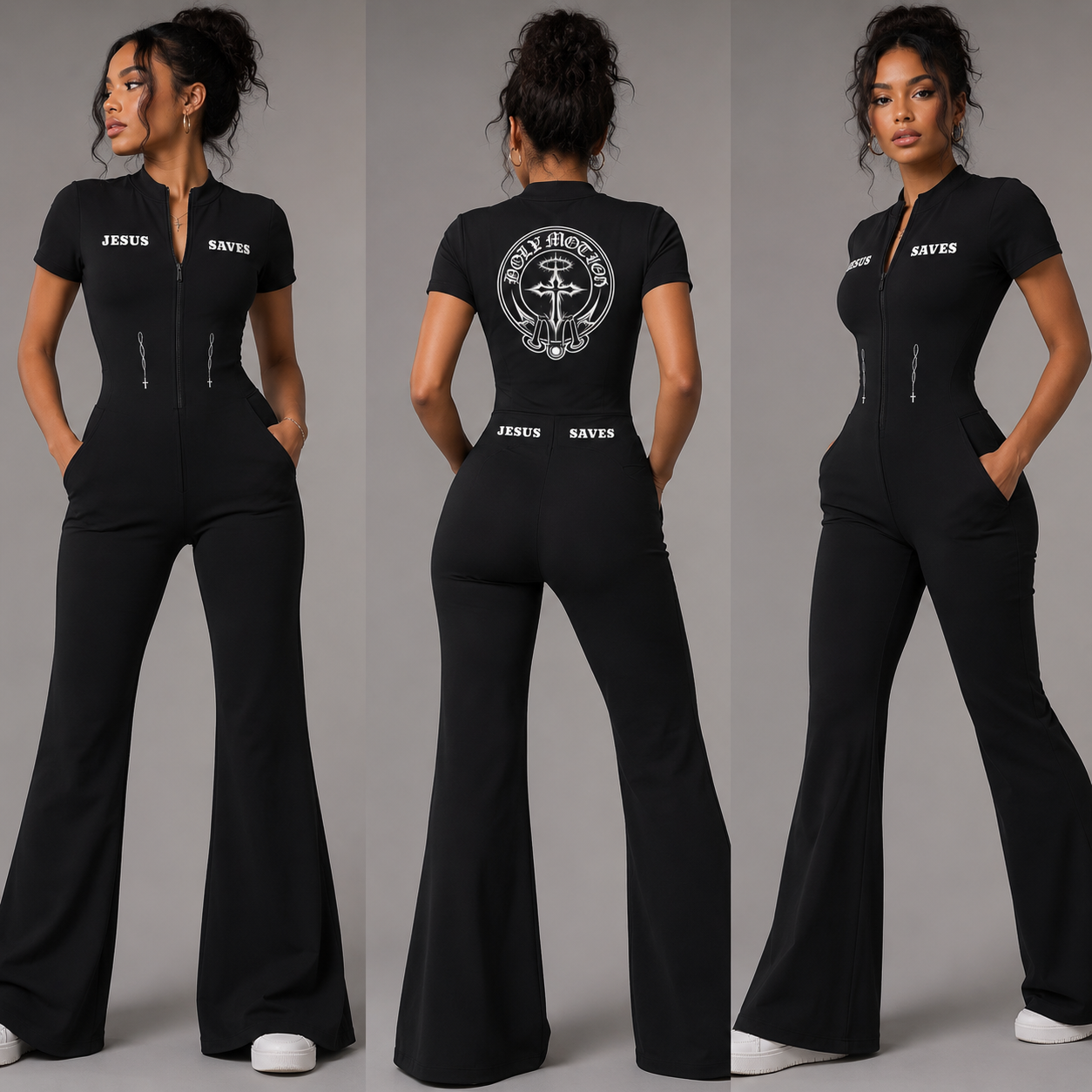 Women’s Jesus Saves Tight Flared Leg Quarter-Zip Jumpsuit